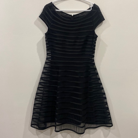 Betsy & Adam Cap Sleeve Fit and Flare Mesh Overlay Dress - Picture 2 of 13